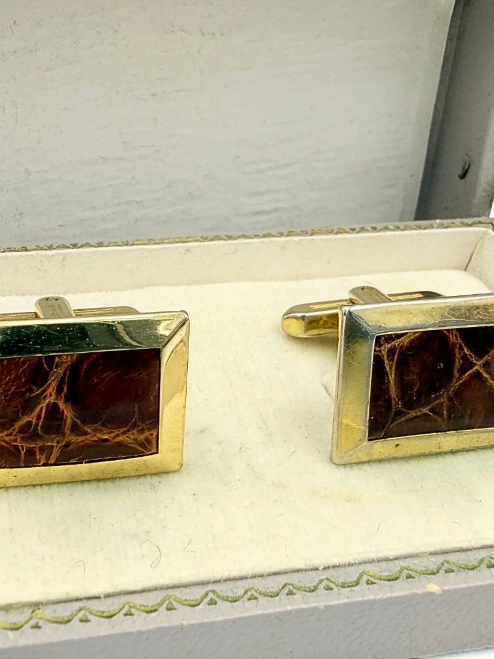 Hickok Signed MCM Brown Crocodile skin Leather Gold Plate Cufflinks